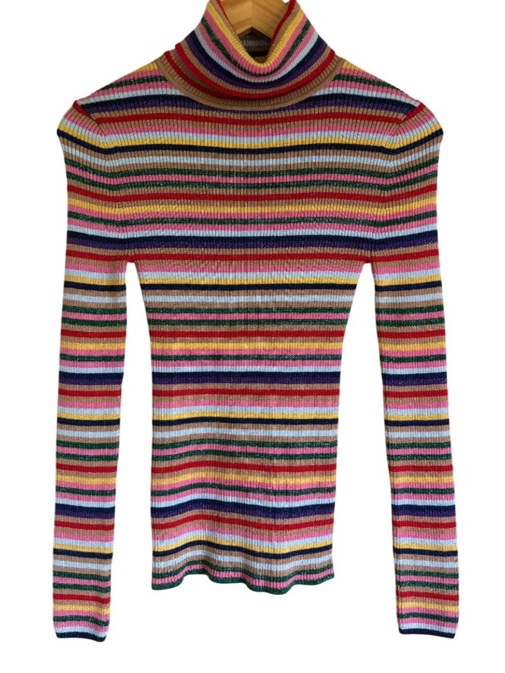 GAP XS Rainbow Sparkle Striped Ribbed Turtleneck Multicolor Holiday
